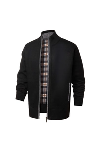 Detail of men's black knit cardigan featuring a high collar and plaid lining pattern