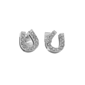 Minimalist horseshoe stud earrings in silver finish featuring sparkling white crystals
