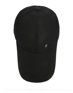 Top view of a black mesh baseball cap with long brim and Sports embroidery detail