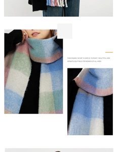 Detail of pink and blue plaid scarf showing soft wool-like fabric and delicate fringe
