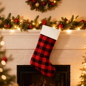 Red and black buffalo plaid Christmas stockings with white faux fur on a fireplace mantle
