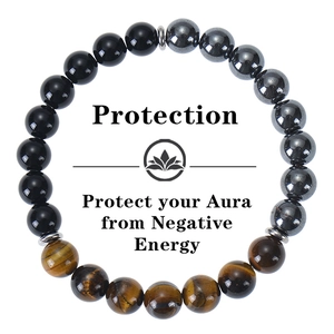 Triple layer tiger eye, obsidian and hematite bracelet for aura energy protection