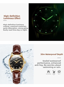 Close-up of OLEVS quartz watch showing luminous dial and 30M waterproof capability