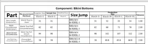 Detailed size chart for solid bikini bottoms showing waist and length measurements