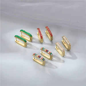 Rectangular baguette-cut colored zircon earrings in gold-plated U-shaped design