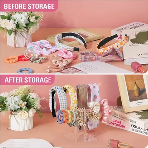 Visual comparison of clear acrylic headband organizer before and after storage