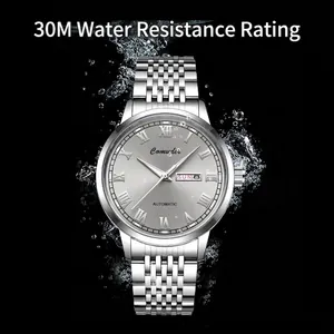 Waterproof automatic mechanical watch for men with steel band and dual date display