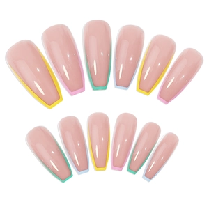 Nude long coffin press-on nails with colorful rainbow French tips set of twelve