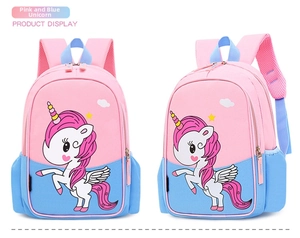 Close-up of pink and blue unicorn kids backpack with side mesh pocket detail