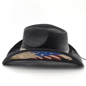 Detail of black woven straw cowboy hat featuring USA flag eagle crest on the front