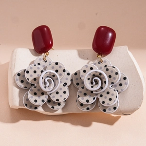 Vintage acrylic floral earrings with red rectangular beads and black white polka dot petals