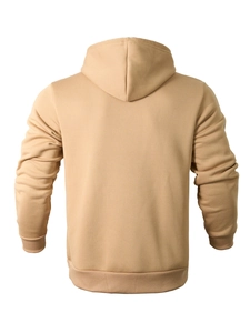 Back view of a camel long-sleeved hooded sweatshirt on a mannequin with clean white background