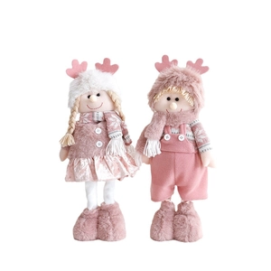Pink and beige Christmas plush dolls with reindeer antlers standing on a white background
