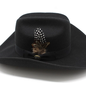 Classic black wool cowboy hat with vintage feather accents and rustic metal button detail