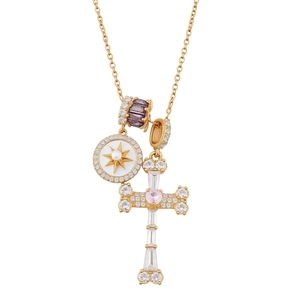 Collana multipendente placcata in oro 18k con zircone viola e croce di zirconi