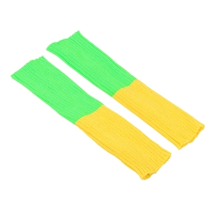 Detailed view of ribbed knit leg warmers with vibrant green and yellow color blocking
