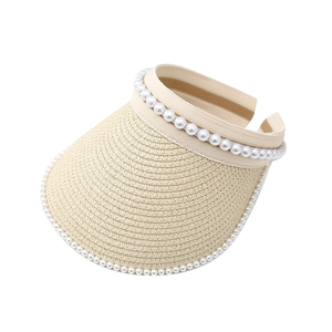Beige straw sun visor with pearl trim for women, minimalist summer fashion sun hat