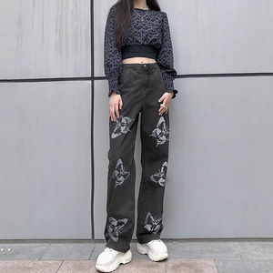 Women's black high waisted wide leg denim jeans featuring a distinct grey butterfly print