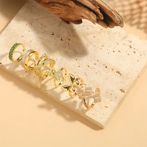Copper Zirconia Adjustable Open Rings Set French Luxury Bear Butterfly Cross Style Jewelry For Women