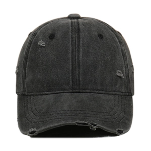 Distressed dark grey washed cotton baseball cap with retro street style frayed edges