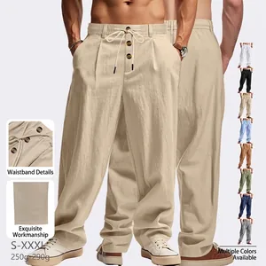 Men Casual Pants Linen Blend Drawstring Elastic Waist Straight Leg Breathable Solid Color Lightweight