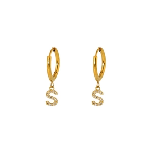 Gold plated stainless steel letter S drop earrings with sparkling zircon stones
