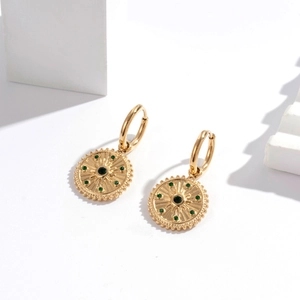 Bohemian gold stainless steel earrings with sunburst texture and green zircon inlays