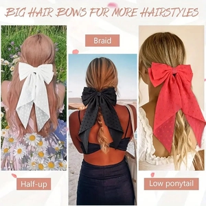 Polka dot bow hair clips shown in half-up, braided, and low ponytail styles