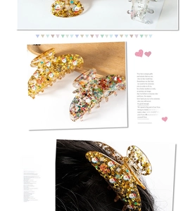 Detailed views of festive Christmas acrylic hair claws with glitter and holiday patterns