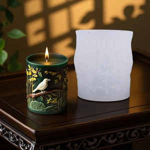 3D bird and floral relief candle silicone mold with finished green embossed candle