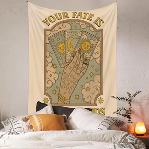 Bohemian Tarot tapestry with cat hand and stars hanging on bedroom wall for room decor