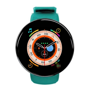 Green D18 smart fitness tracker watch with round color screen and silicone band on white background