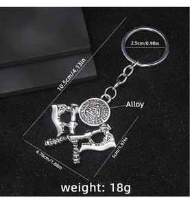 Size chart for Viking double axe keychain in alloy with total length of 10.5cm and 18g weight