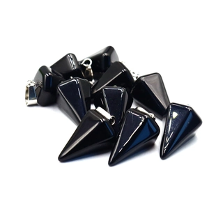 Natural Stone Agate Hexagonal Cone Pendant Pointed Obsidian Healing Meditation Jewelry Silver Metal Bail Fashion Geometric
