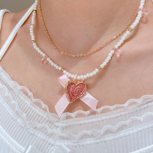 Sweet Double Layer Necklace Heart Bowknot Pendant Faux Pearl Satin Ribbon Choker For Women Vintage Aesthetic Romantic Jewelry