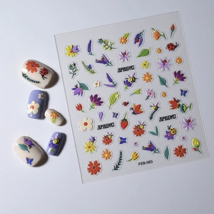 5D embossed nail stickers featuring spring daisies, butterflies and bees in 3D texture