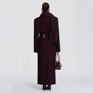 Slim fit wine red wool coat for women with matching scarf and belt from back view