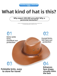 Detailed view of brown PU leather cowboy hat featuring a wide brim and braided rope detail