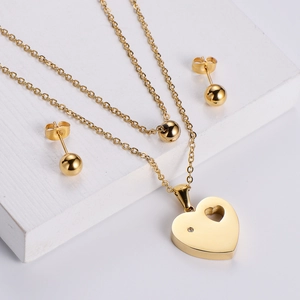 Herzanhänger Halskette Und Kugelohrstecker Edelstahl Zirkon Hohl Poliert 18K Vergoldet Minimalistisch Für Damen
