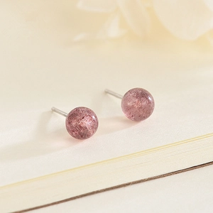 Pink strawberry quartz round stud earrings with S925 sterling silver pins for women