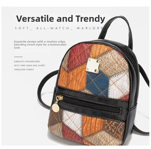 Close-up of quilted patchwork mini backpack with snake skin texture and gold hardware