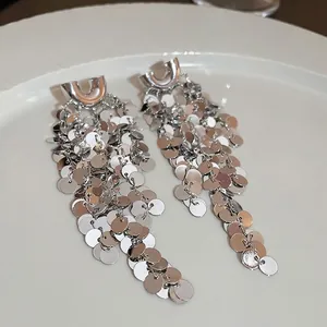 Silver U-shaped cluster sequin tassel long earrings with a metallic finish for women