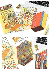 Detail of 2.5D architectural DIY stickers with multi-layered miniature furniture and decor