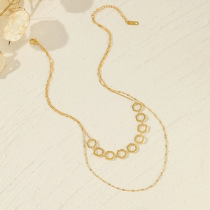 French vintage double layer gold plated stainless steel necklace with hexagonal links