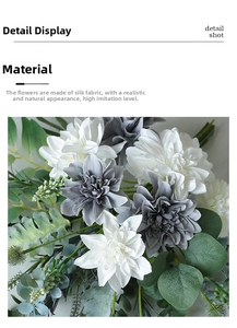 Close-up of lifelike white and grey silk dahlia bouquet with eucalyptus for home decor
