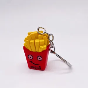 Creative realistic french fries keychain with cartoon emoji bucket and metal chain