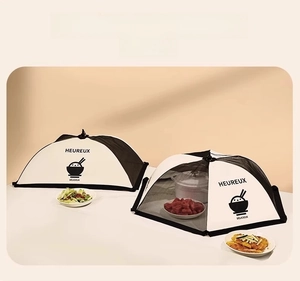 Collapsible mesh food covers in square and round shapes with minimalist print detail