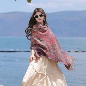 Women Vintage Ethnic Paisley Pattern Shawl Wrap Soft Cotton Blend Thickened Warm Fringed Tassel Scarf For Travel Daily