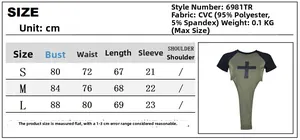 Tableau des tailles pour t-shirt femme avec imprimé croix et détails du tissu CVC