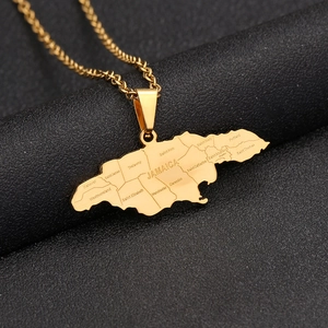 Golden stainless steel Jamaica map necklace featuring engraved parish names on map pendant